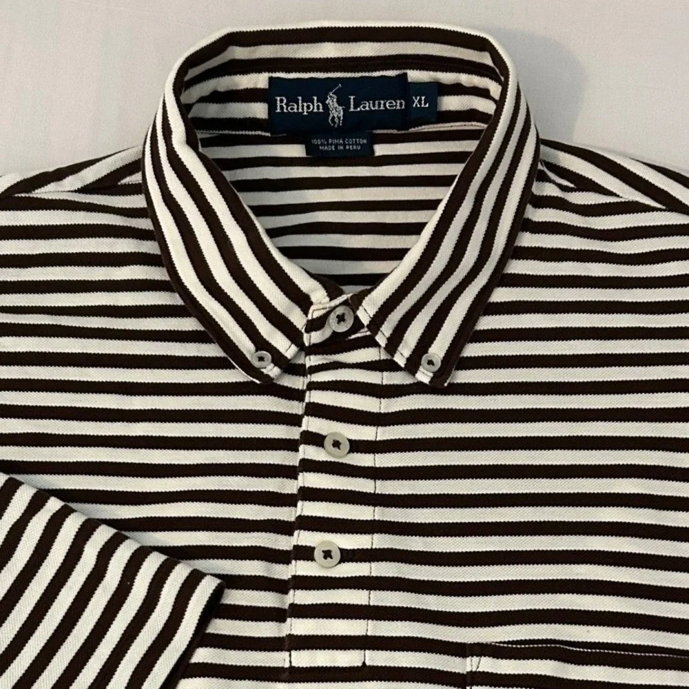 Ralph Lauren Polo Shirt Mens XL Brown White‎ Striped Pima Cotton Short Sleeve